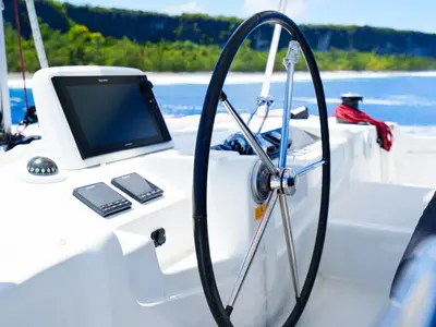 Cockpit of Poe Rava, a Lagoon 46 catamaran at Papeete, France