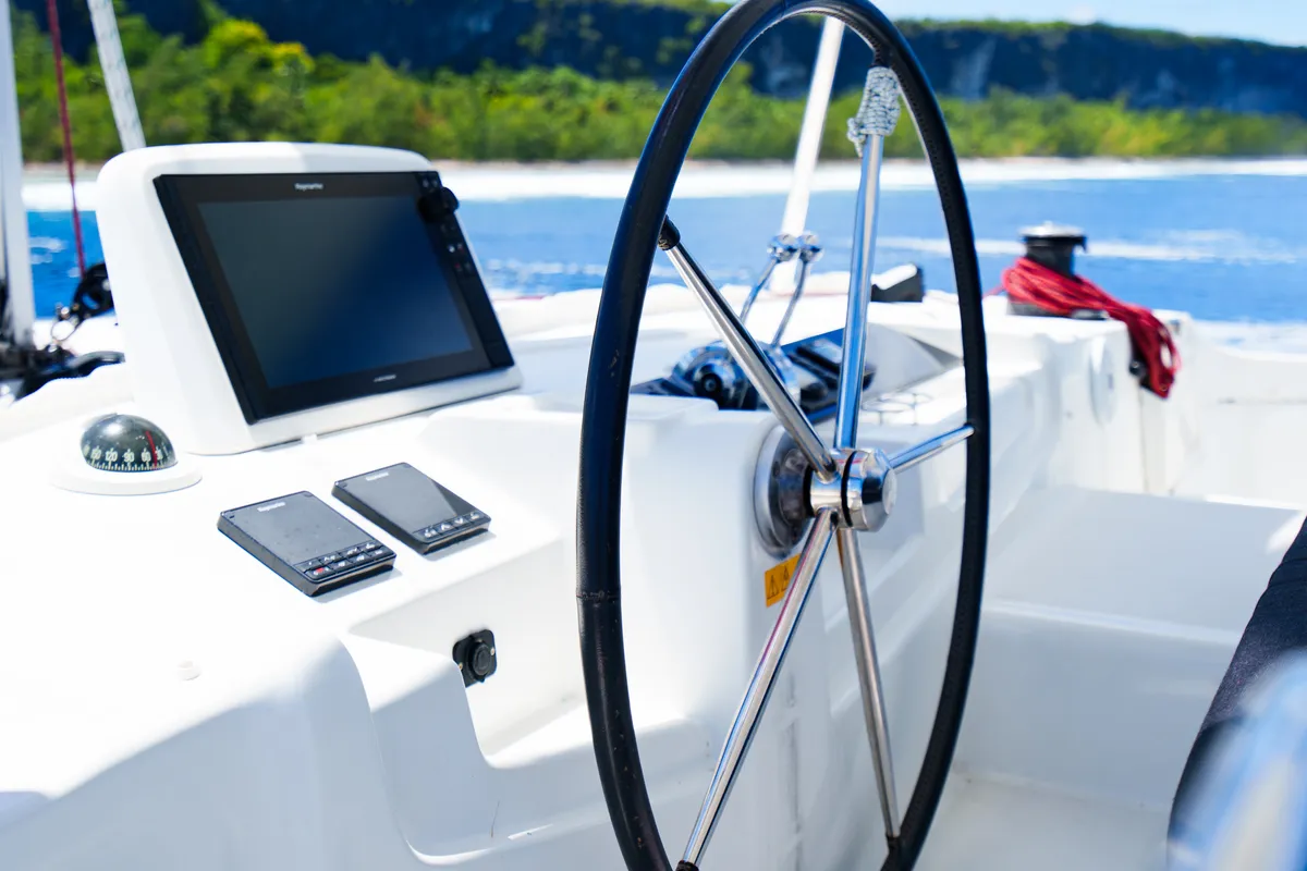 Cockpit of Poe Rava, a Lagoon 46 catamaran at Papeete, France