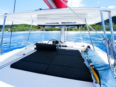 Deck of Poe Rava, a Lagoon 46 catamaran at Papeete, France