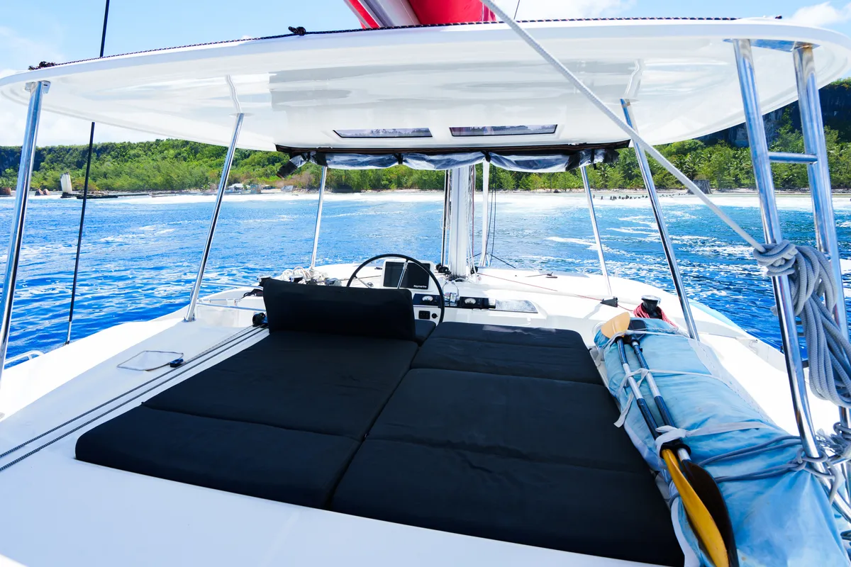 Deck of Poe Rava, a Lagoon 46 catamaran at Papeete, France