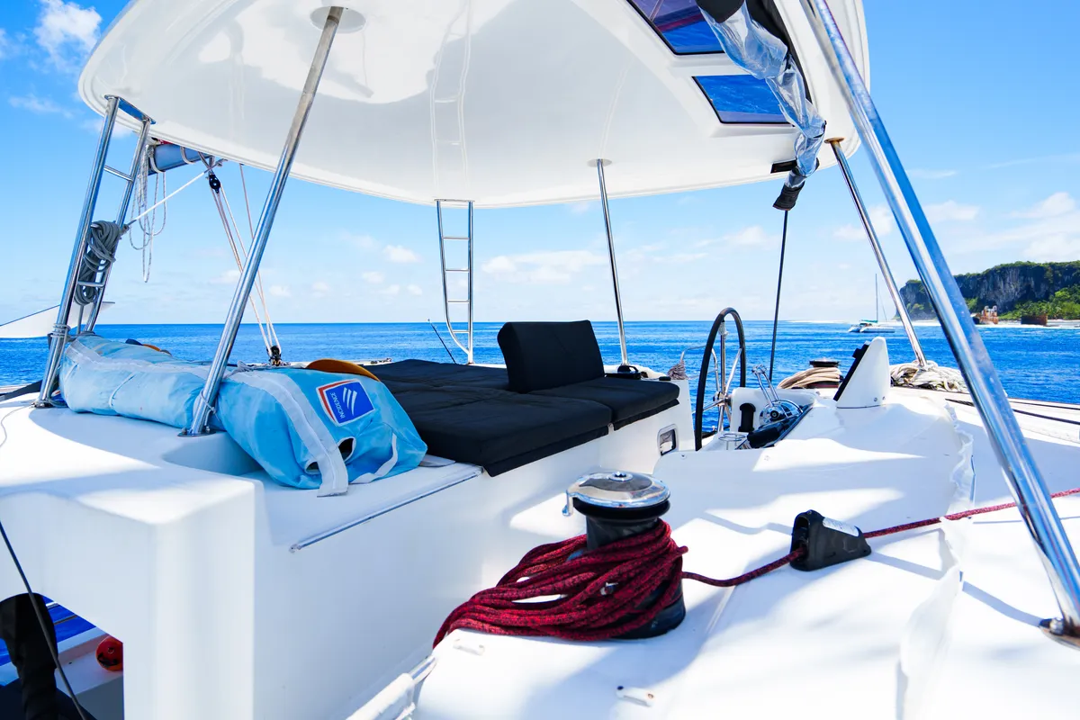 Cockpit of Poe Rava, a Lagoon 46 catamaran at Papeete, France