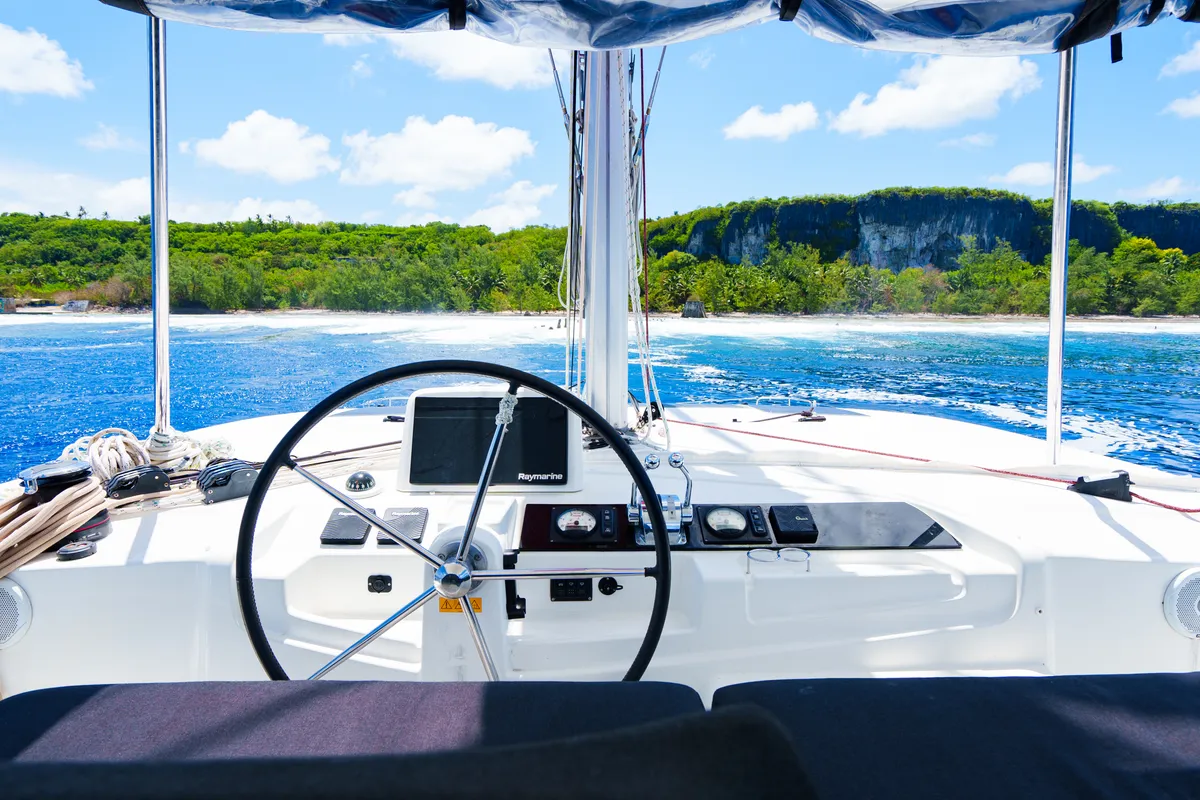 Cockpit of Poe Rava, a Lagoon 46 catamaran at Papeete, France
