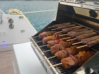 Deck of Crewed "Alegria", a Fountaine Pajot Saona 47 catamaran at Municipality of Kalamata, Greece