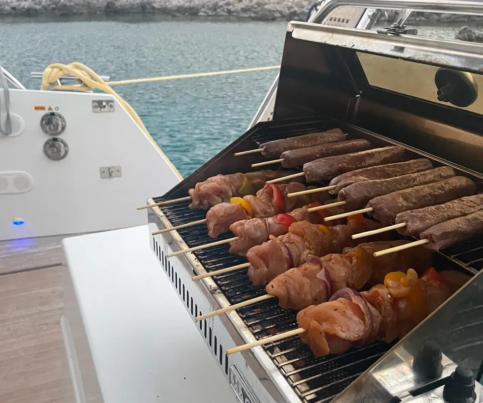 Deck of Crewed "Alegria", a Fountaine Pajot Saona 47 catamaran at Municipality of Kalamata, Greece