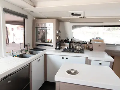 Galley of Crewed   "Alegria", a Fountaine Pajot Saona 47 catamaran at Municipality of Kalamata, Greece