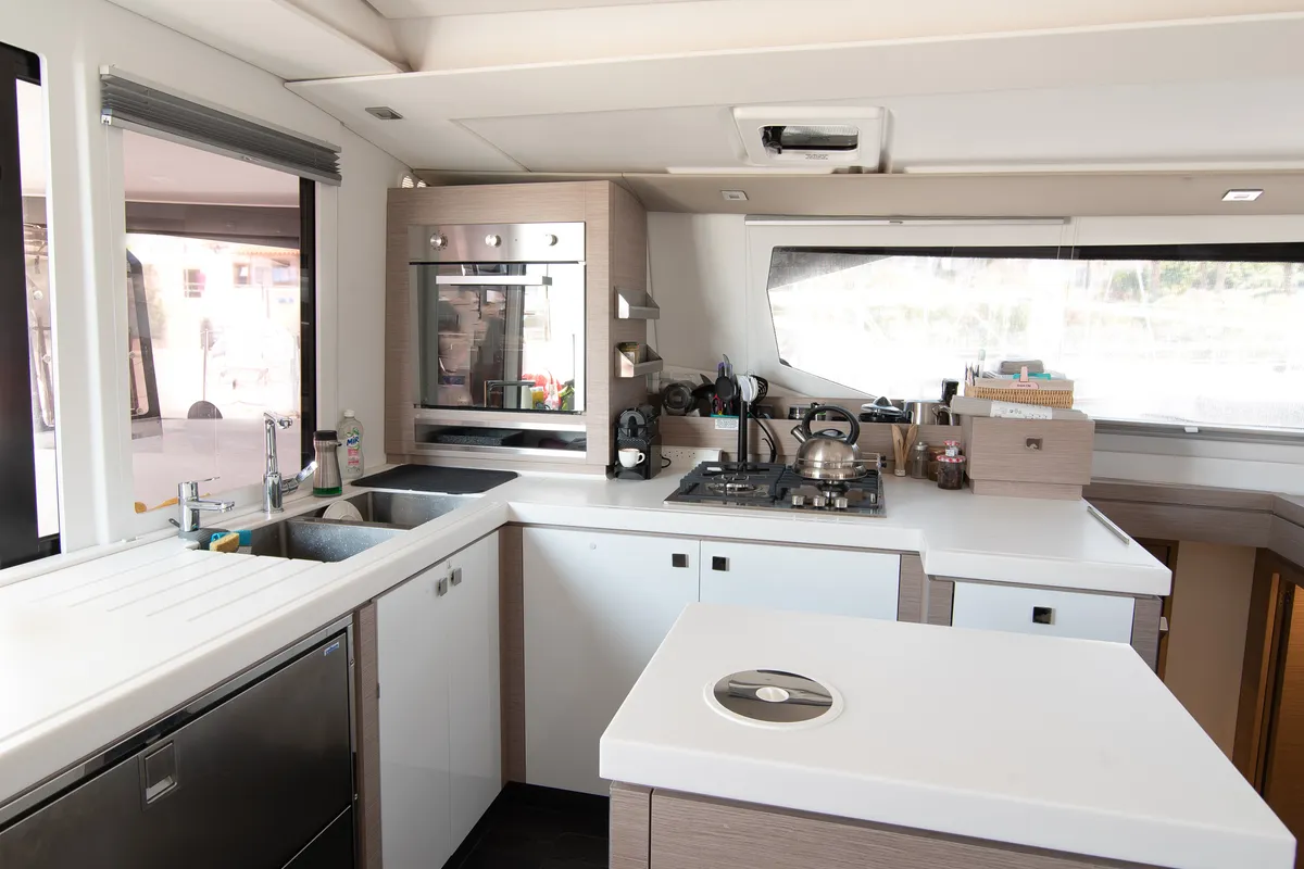 Galley of Crewed   "Alegria", a Fountaine Pajot Saona 47 catamaran at Municipality of Kalamata, Greece