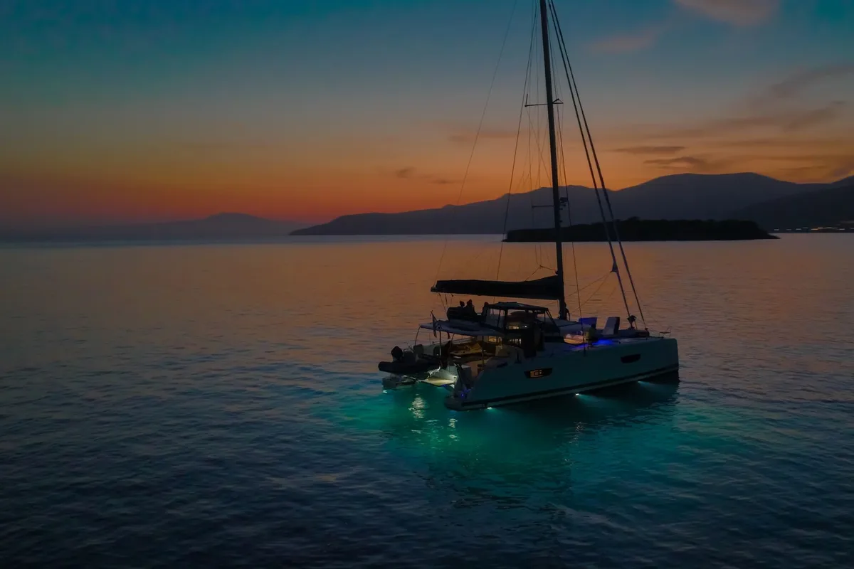 Exterior view of Crewed   "Alegria", a Fountaine Pajot Saona 47 catamaran at Municipality of Kalamata, Greece