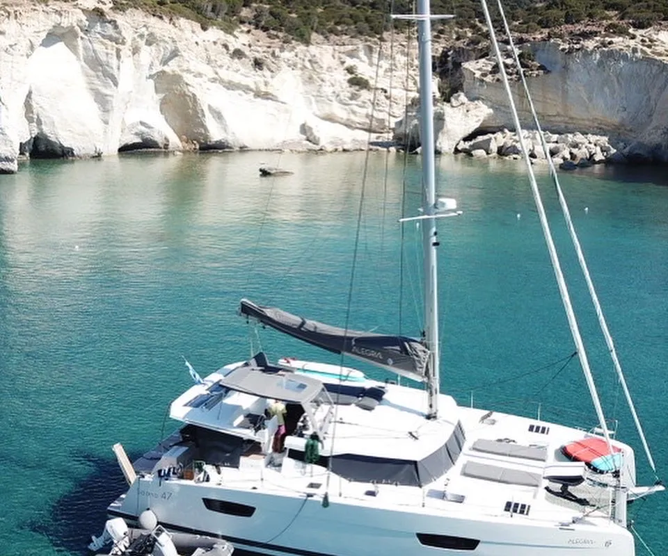 Deck of Crewed "Alegria", a Fountaine Pajot Saona 47 catamaran at Municipality of Kalamata, Greece