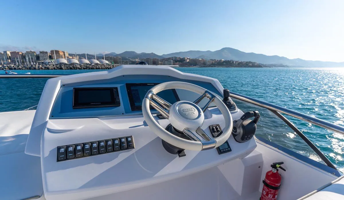 Cockpit of Noa, a Sessa Fly 42 motor yacht at Općina Sukošan, Croatia
