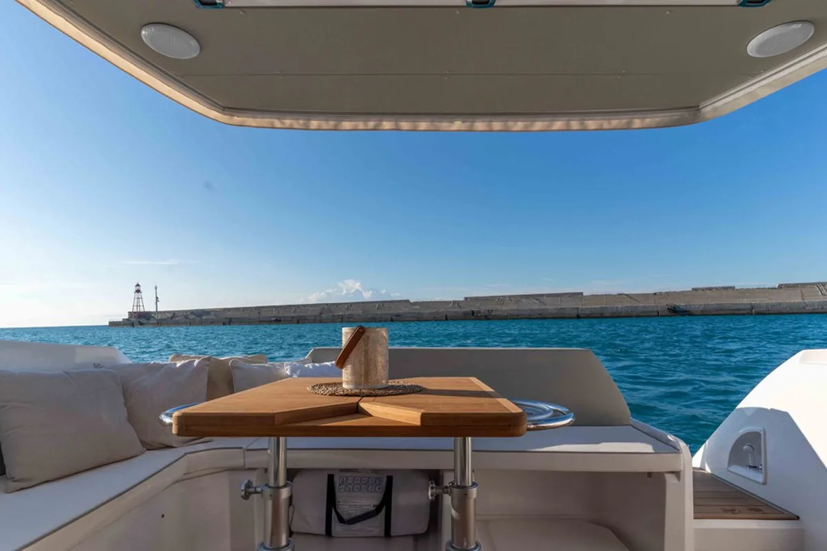 Deck of Noa, a Sessa Fly 42 motor yacht at Općina Sukošan, Croatia