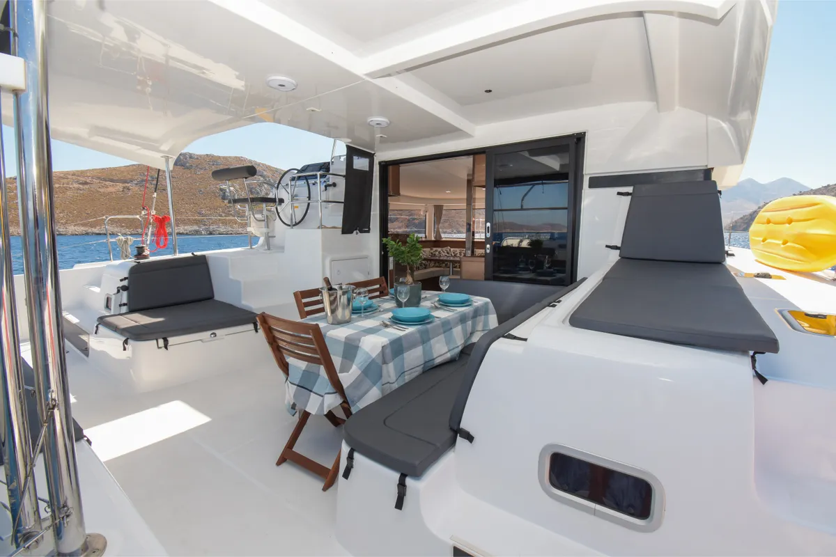 Deck of Alima, a Lagoon 42 catamaran at Kontokali, Greece