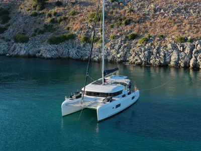 Exterior view of Alima, a Lagoon 42 catamaran at Kontokali, Greece