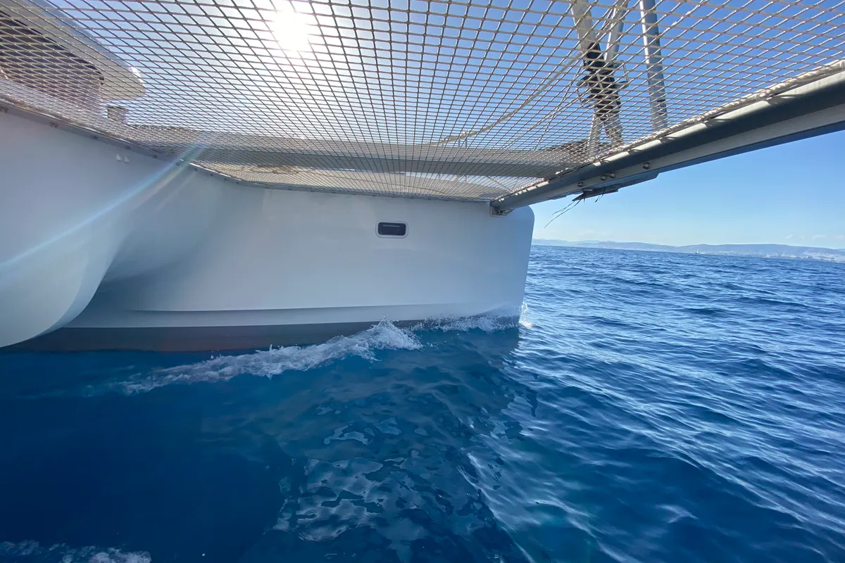 Exterior view of Alima, a Lagoon 42 catamaran at Kontokali, Greece