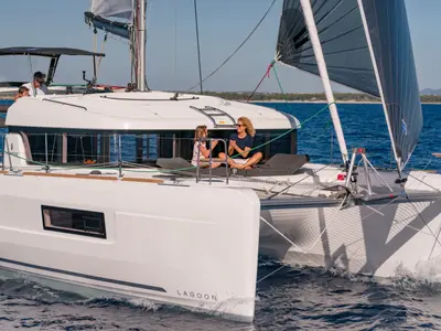 Exterior view of Esmee, a Lagoon 40 catamaran at Athens, Greece