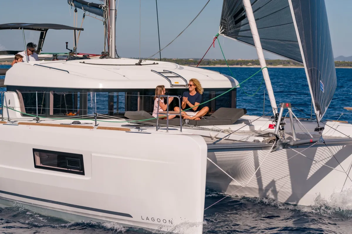 Exterior view of Esmee, a Lagoon 40 catamaran at Athens, Greece