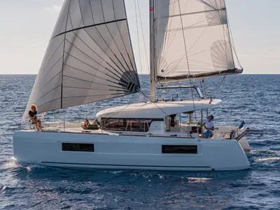 Exterior view of Esmee, a Lagoon 40 catamaran at Athens, Greece