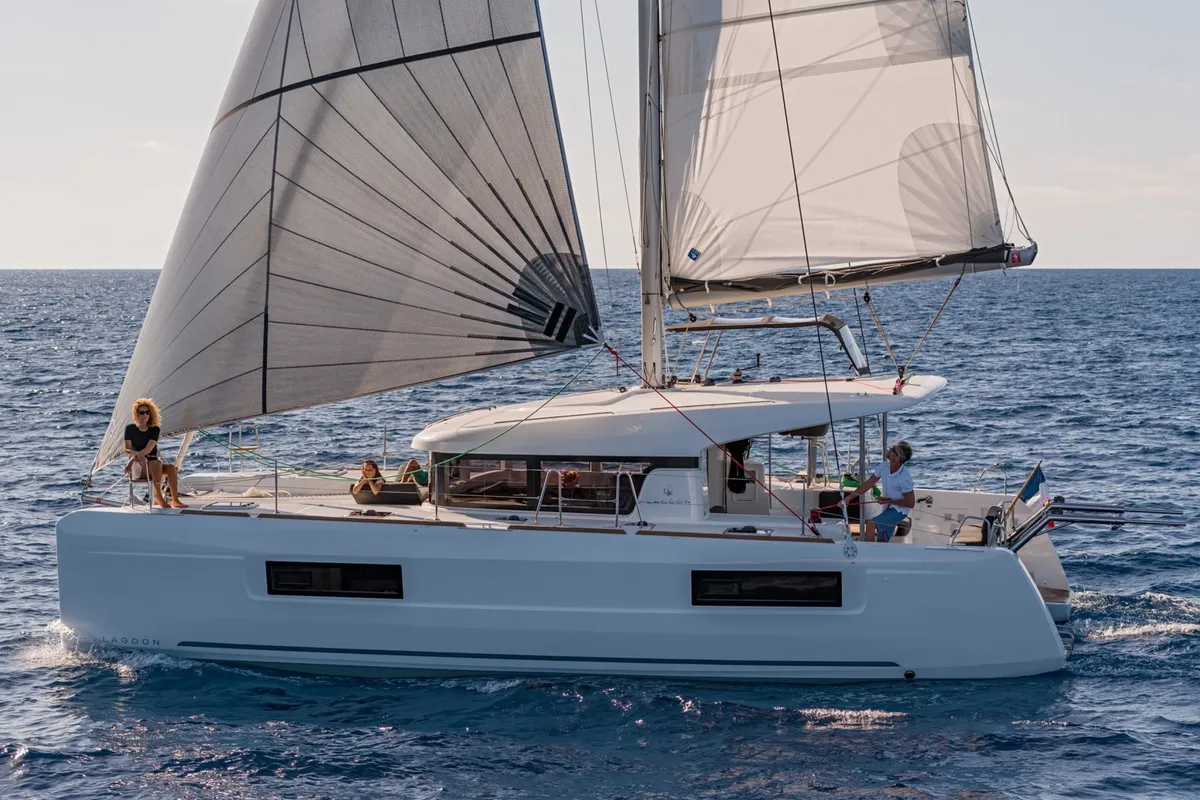 Exterior view of Esmee, a Lagoon 40 catamaran at Athens, Greece