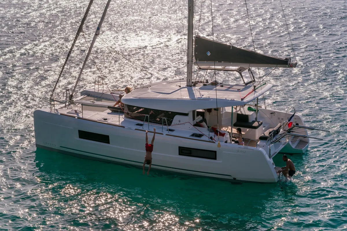 Exterior view of Esmee, a Lagoon 40 catamaran at Athens, Greece