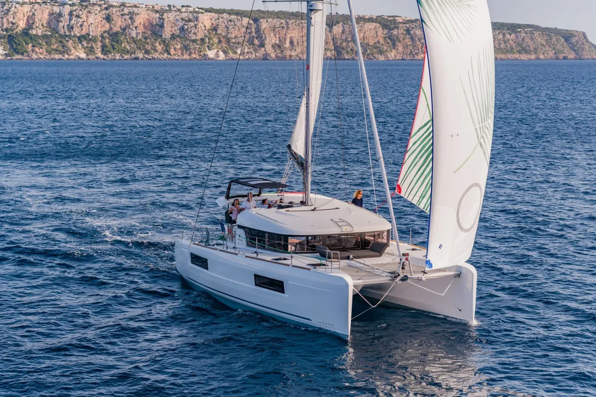 Exterior view of Esmee, a Lagoon 40 catamaran at Athens, Greece