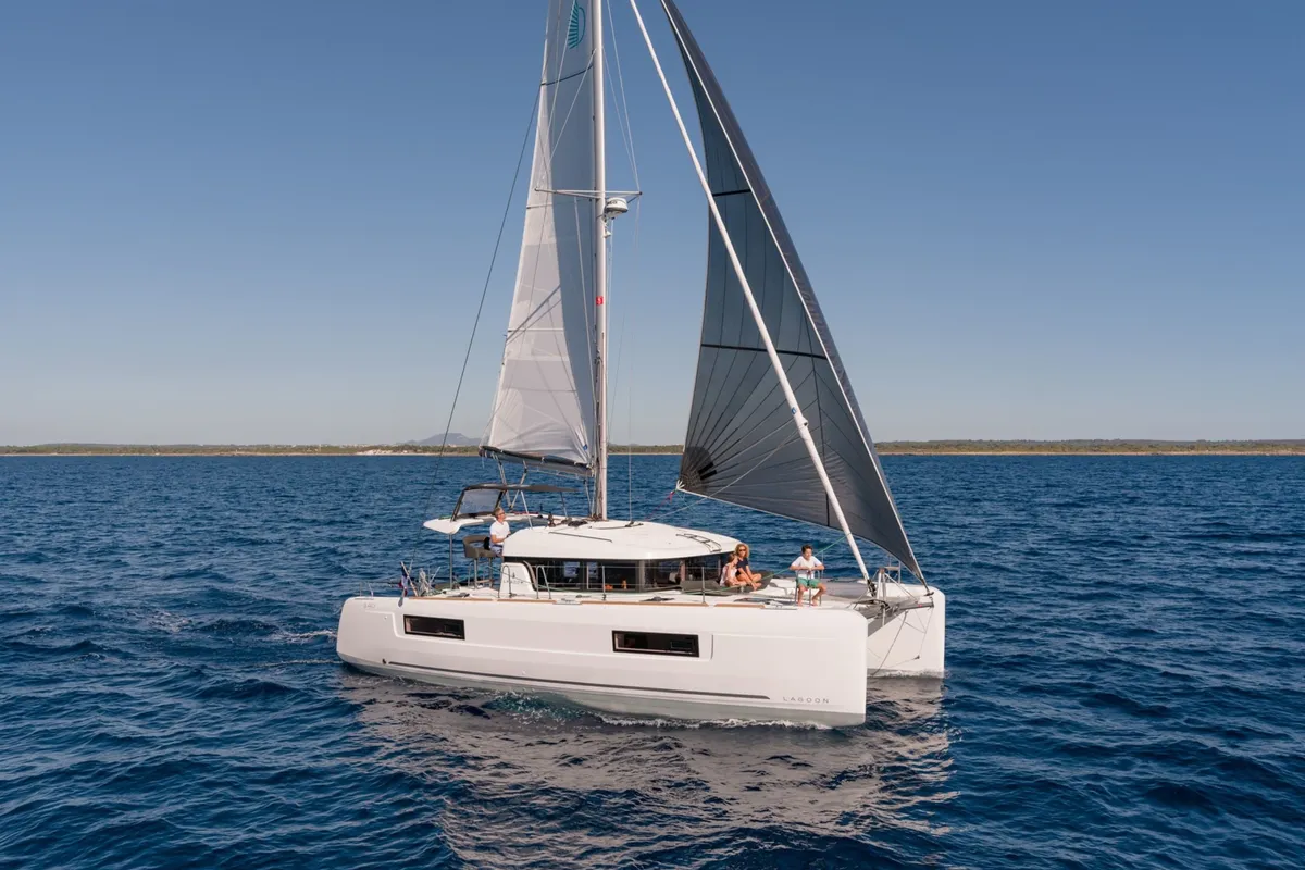 Exterior view of Esmee, a Lagoon 40 catamaran at Athens, Greece