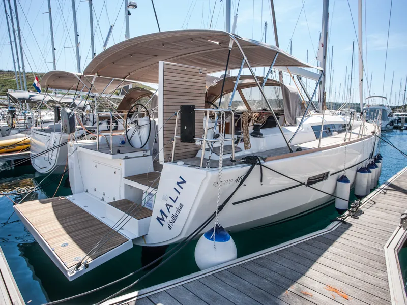 Exterior view of Malin, a Dufour 460 GL sailboat at Primošten, Croatia