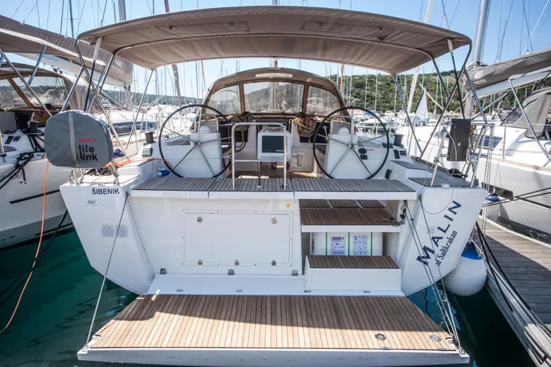 Exterior view of Malin, a Dufour 460 GL sailboat at Primošten, Croatia