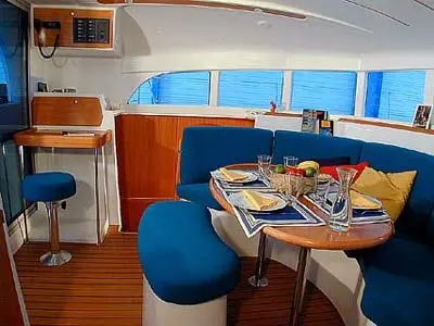 Salon of AF-LAG380(II), a Lagoon 380 catamaran at Athens, Greece