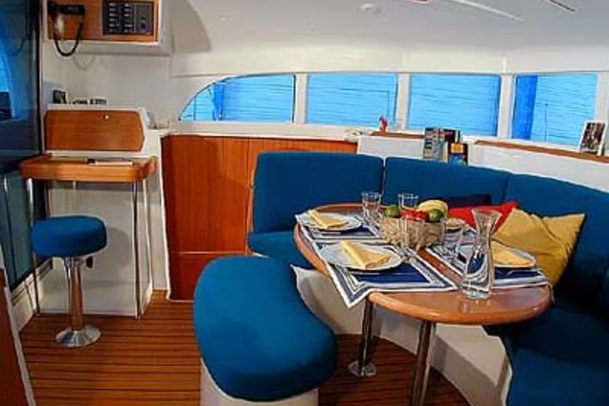 Salon of AF-LAG380(II), a Lagoon 380 catamaran at Athens, Greece