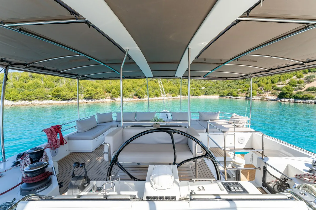 Cockpit of Cool Change, a Lagoon 560 catamaran at Općina Marina, Croatia