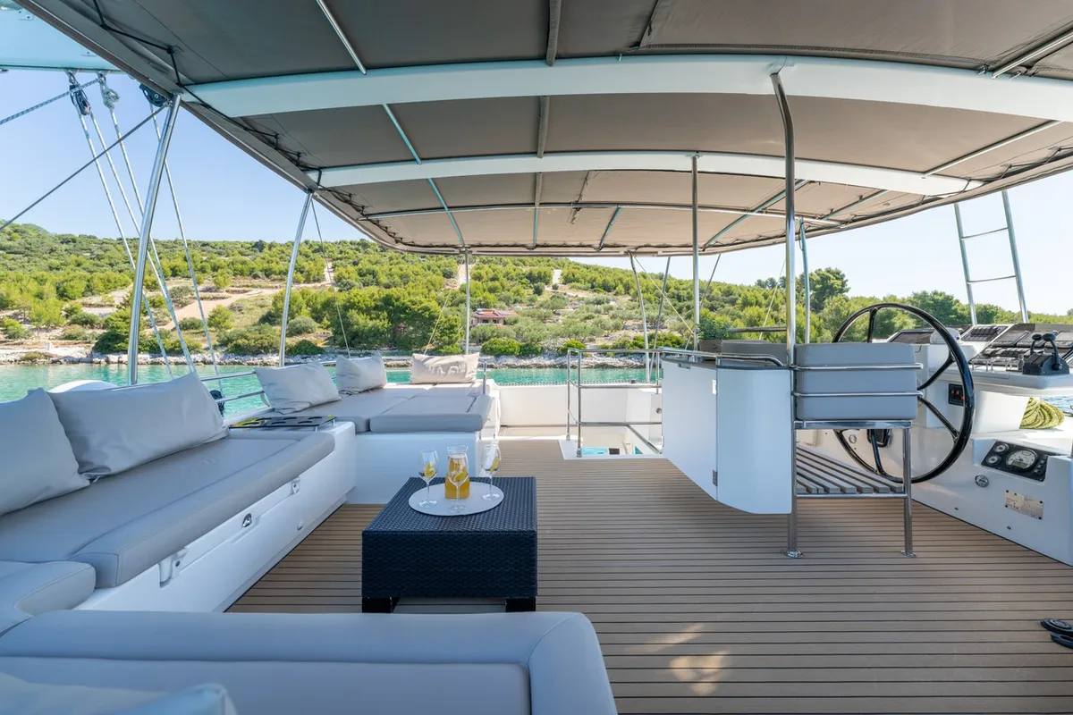 Cockpit of Cool Change, a Lagoon 560 catamaran at Općina Marina, Croatia