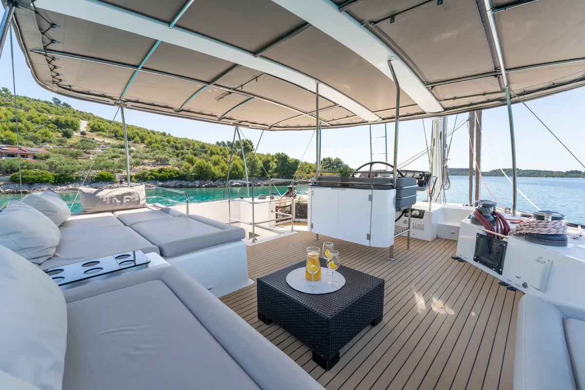 Cockpit of Cool Change, a Lagoon 560 catamaran at Općina Marina, Croatia
