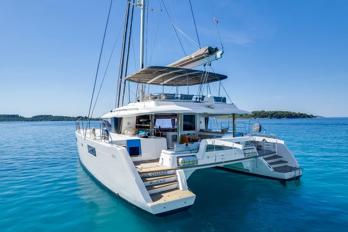 Exterior view of Cool Change, a Lagoon 560 catamaran at Općina Marina, Croatia