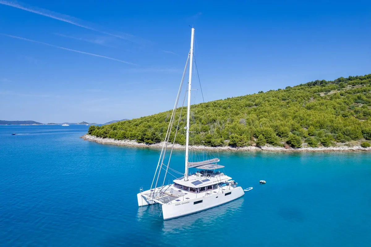 Exterior view of Cool Change, a Lagoon 560 catamaran at Općina Marina, Croatia
