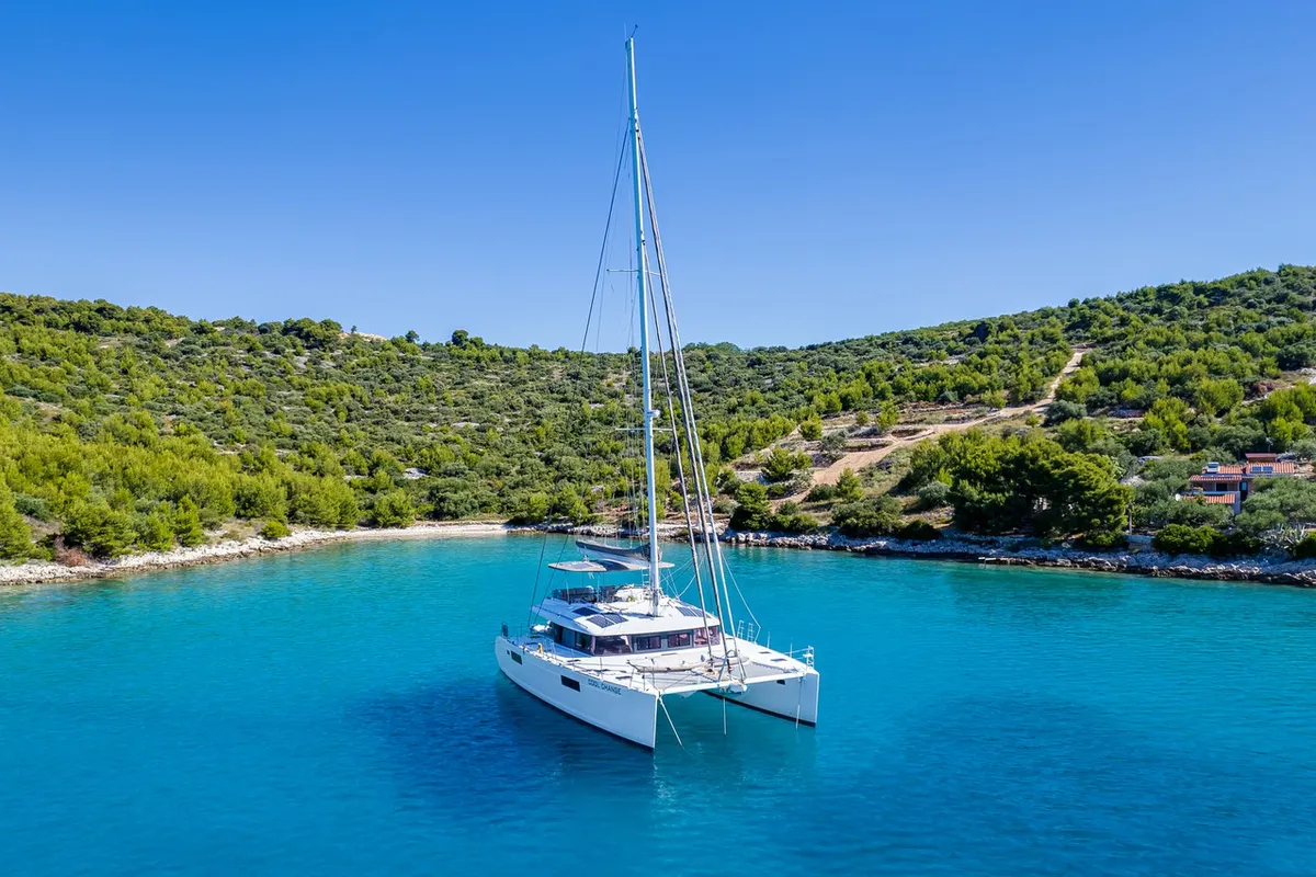Exterior view of Cool Change, a Lagoon 560 catamaran at Općina Marina, Croatia