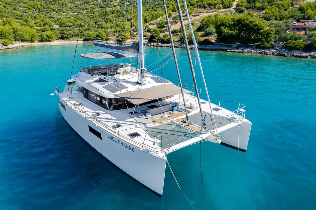 Exterior view of Cool Change, a Lagoon 560 catamaran at Općina Marina, Croatia