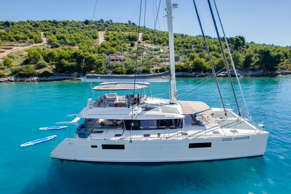 Exterior view of Cool Change, a Lagoon 560 catamaran at Općina Marina, Croatia