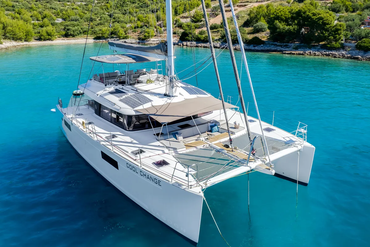 Exterior view of Cool Change, a Lagoon 560 catamaran at Općina Marina, Croatia