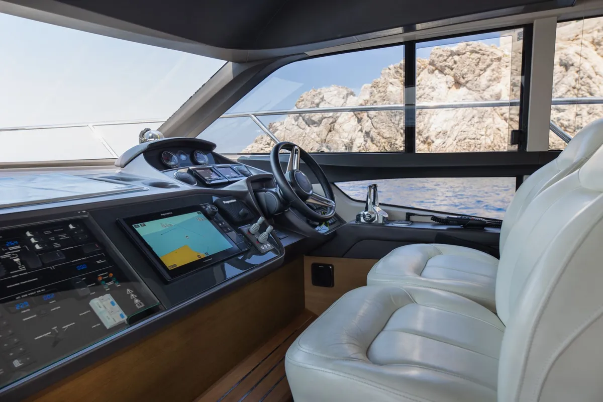 Cockpit of Contessa, a Princess F43 motorboat at Dubrovnik, Croatia