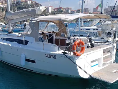 Exterior view of SunLuis, a Dufour 430 sailboat at Rodi Garganico, Italy