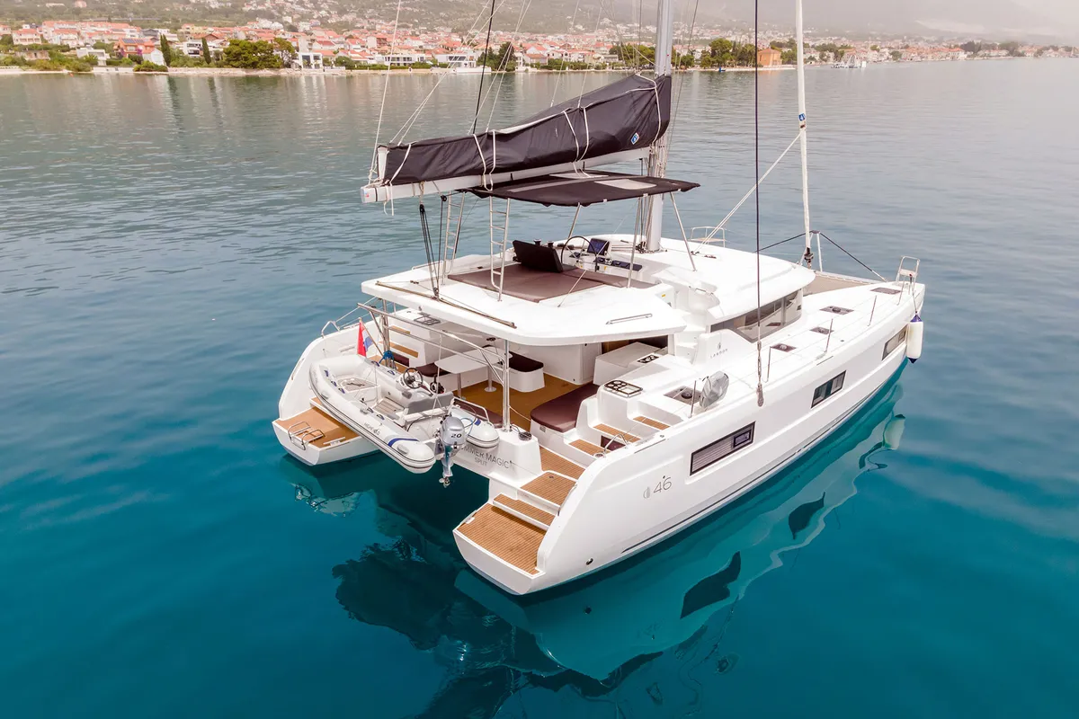 Exterior view of Summer Magic, a Lagoon 46 catamaran at Grad Kaštela, Croatia