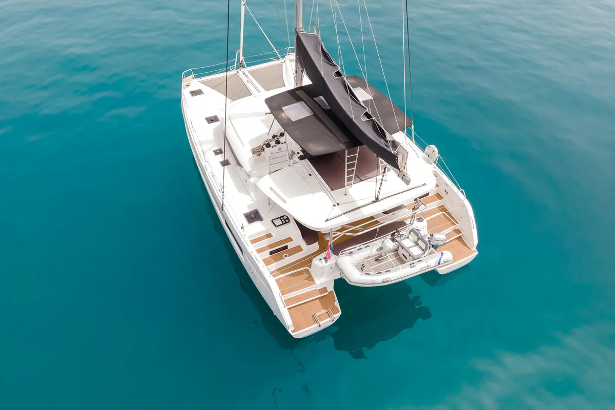 Exterior view of Summer Magic, a Lagoon 46 catamaran at Grad Kaštela, Croatia