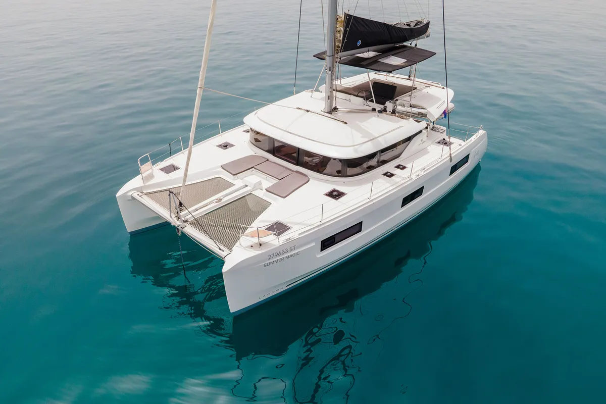 Exterior view of Summer Magic, a Lagoon 46 catamaran at Grad Kaštela, Croatia