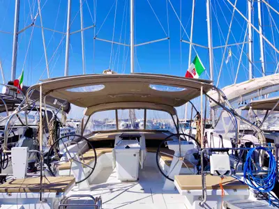 Cockpit of Nora - Water maker, Solar Panel , a Beneteau Oceanis 46.1 sailboat at Castellammare di Stabia, Italy