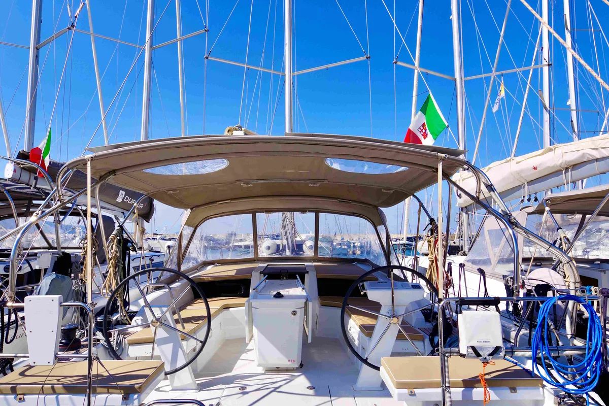 Cockpit of Nora - Water maker, Solar Panel , a Beneteau Oceanis 46.1 sailboat at Castellammare di Stabia, Italy