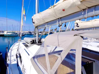 Deck of Nora - Water maker, Solar Panel , a Beneteau Oceanis 46.1 sailboat at Castellammare di Stabia, Italy