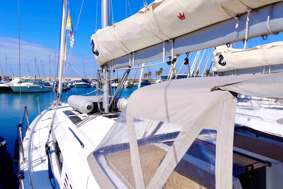 Deck of Nora - Water maker, Solar Panel , a Beneteau Oceanis 46.1 sailboat at Castellammare di Stabia, Italy