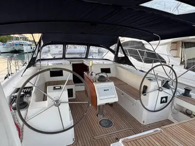 Cockpit of Nora, a Bavaria C45 sailboat at Općina Rogoznica, Croatia