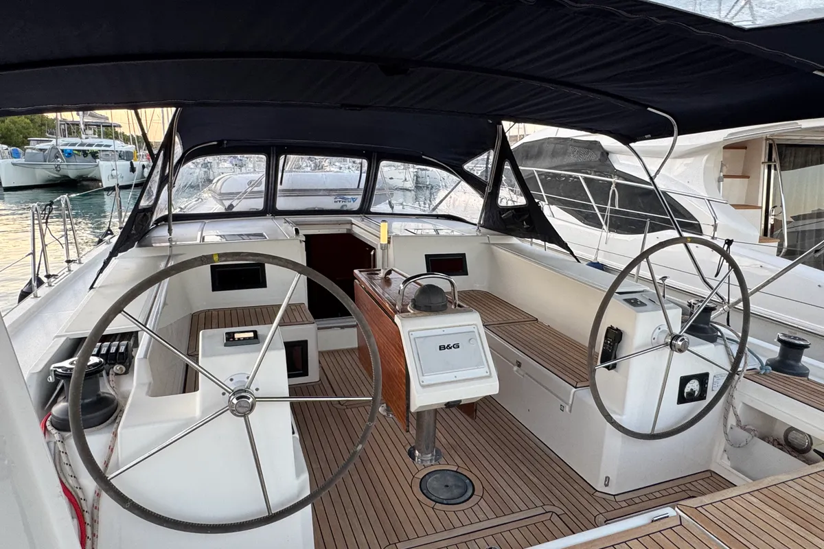 Cockpit of Nora, a Bavaria C45 sailboat at Općina Rogoznica, Croatia