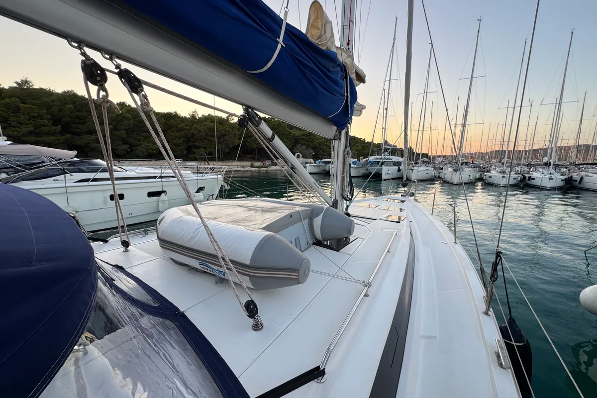 Deck of Nora, a Bavaria C45 sailboat at Općina Rogoznica, Croatia