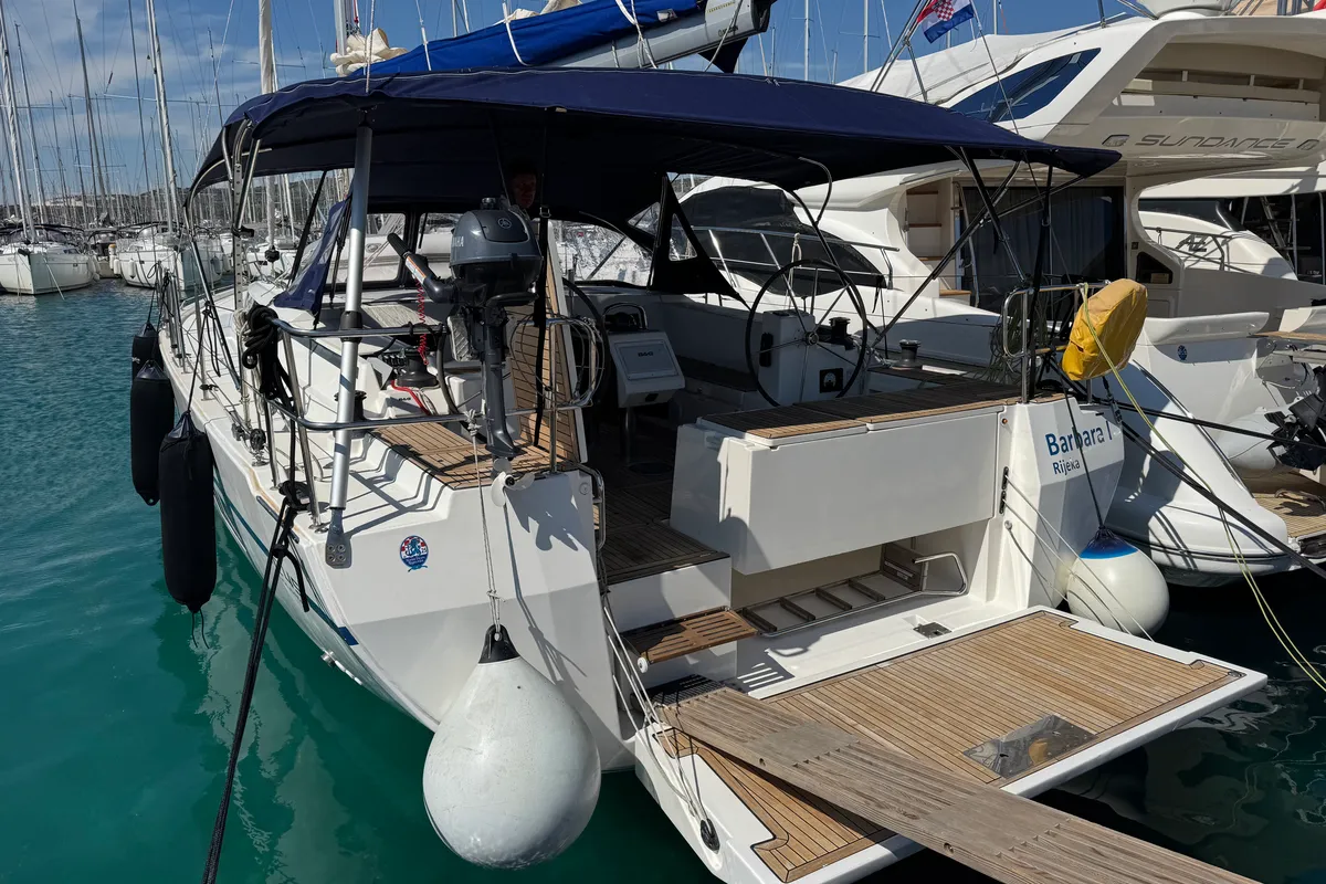 Exterior view of Nora, a Bavaria C45 sailboat at Općina Rogoznica, Croatia